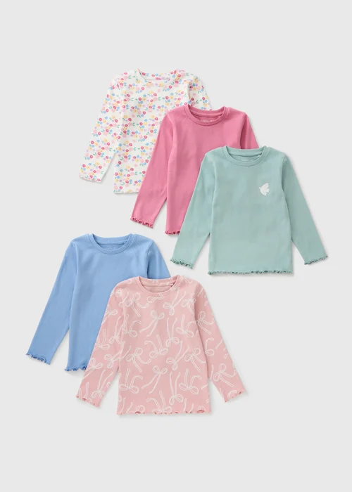 5 Pack Girls Multicolour Patterned Ribbed T-Shirts (1-8yrs) - 1-1.5 Yrs Image 1
