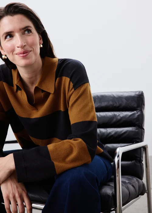 Navy & Camel Stripe Rugby Jumper - XS Image 1