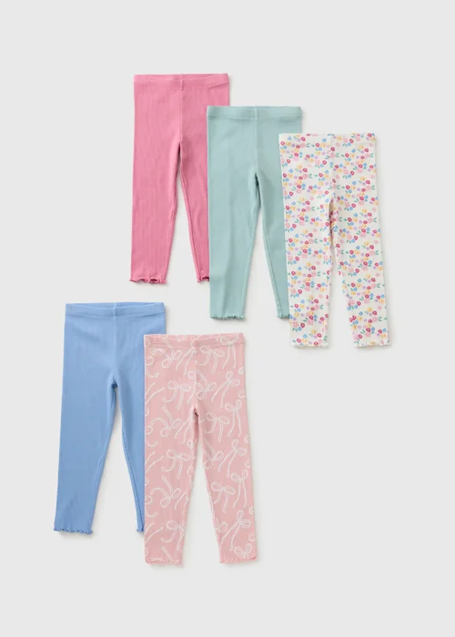 5 Pack Girls Multicolour Floral Ribbed Leggings (1-8yrs) - 2-3 Yrs Image 1