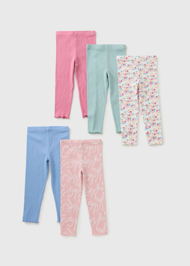 5 Pack Girls Multicolour Floral Ribbed Leggings (1-8yrs)