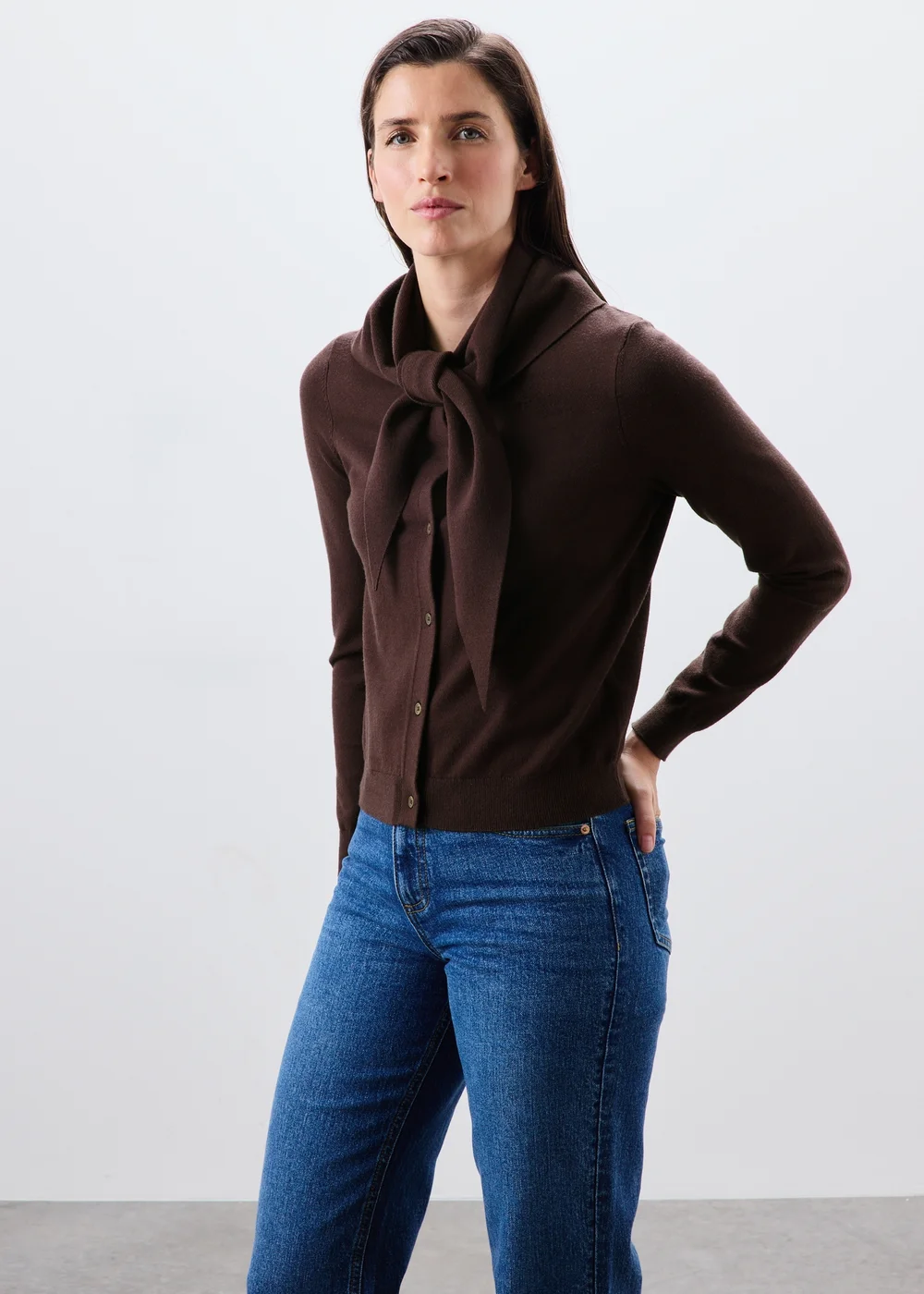 Brown Long Sleeve Cardigan With Detachable Neck Scarf - S Image 1