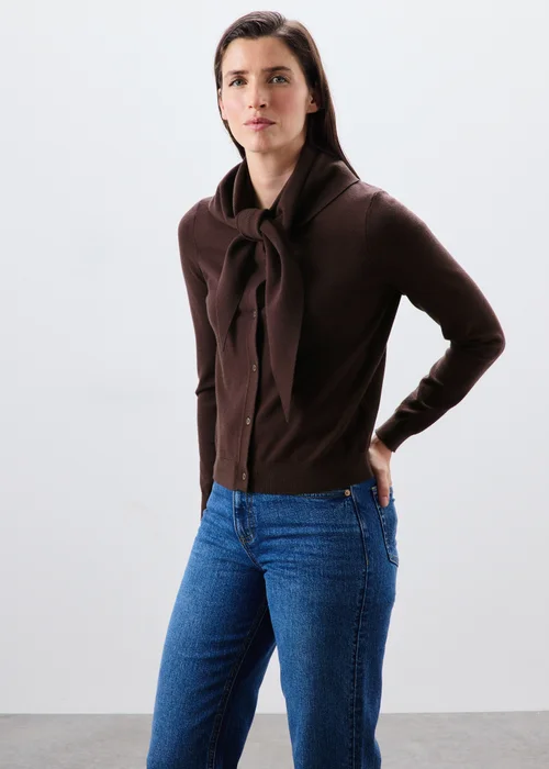 Brown Long Sleeve Cardigan With Detachable Neck Scarf - S Image 1