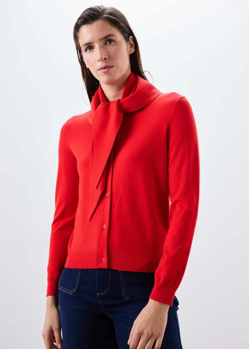 Red Long Sleeve Cardigan With Detachable Neck Scarf - S Image 1