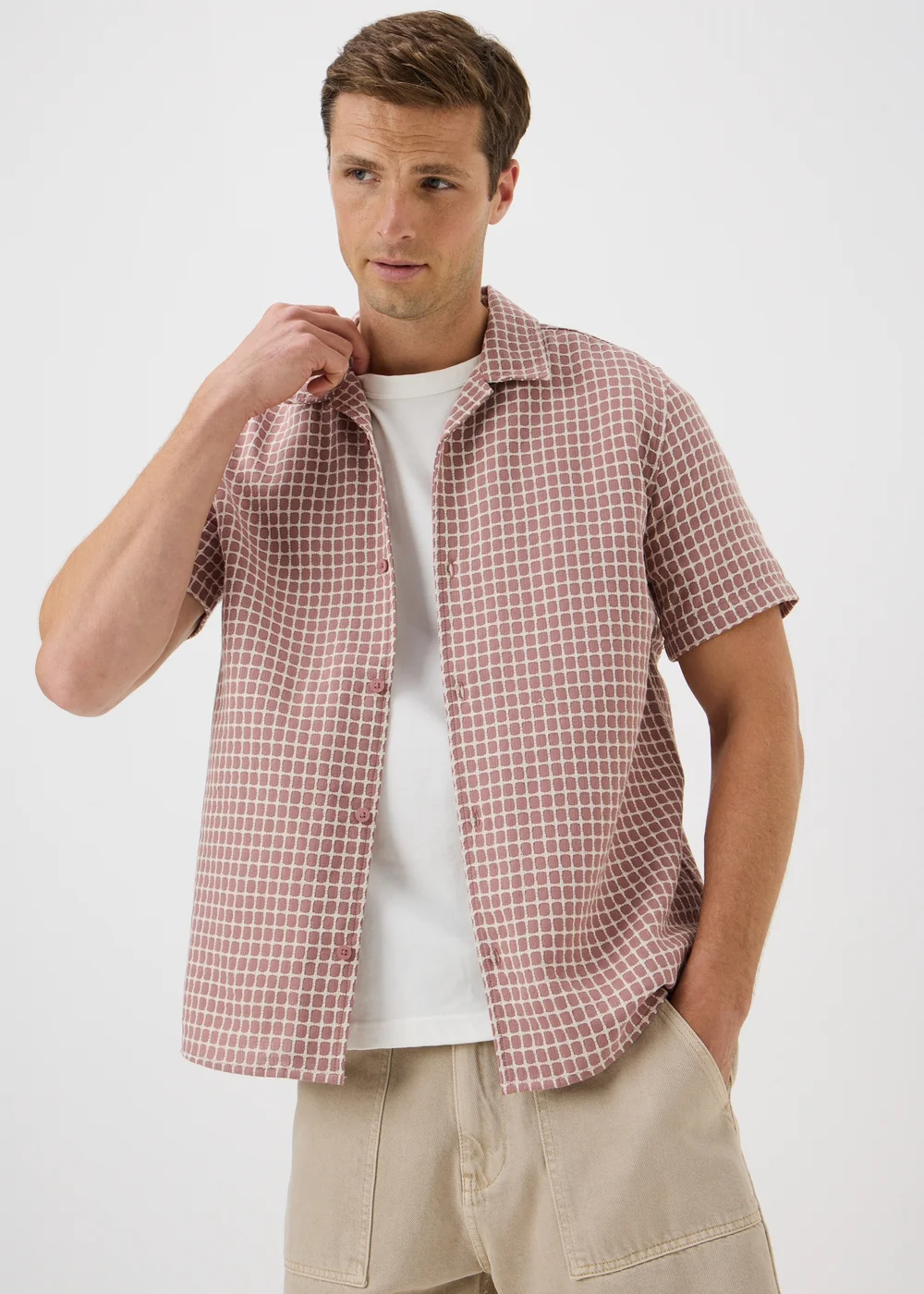 Pink Check Dobby Textured Short Sleeve Shirt - S Image 1