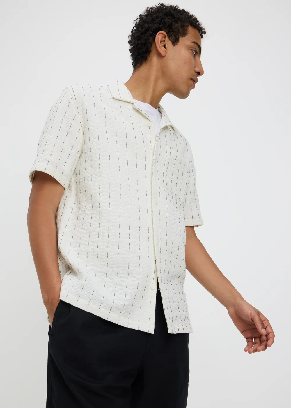 Ecru Textured Revere Short Sleeve Shirt - S Image 1