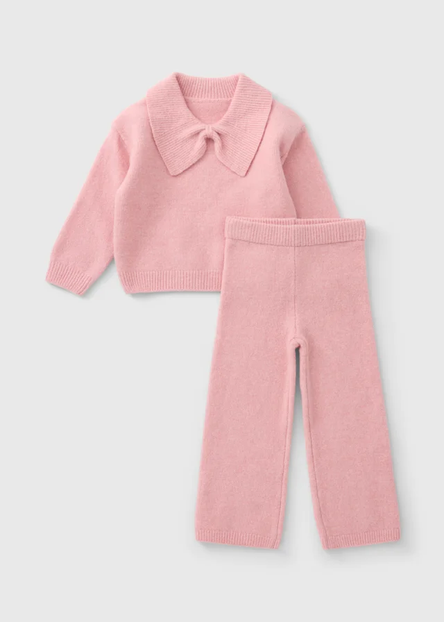 Girls Pink Bow Collared Knitted Top & Trousers Set (1-8yrs)