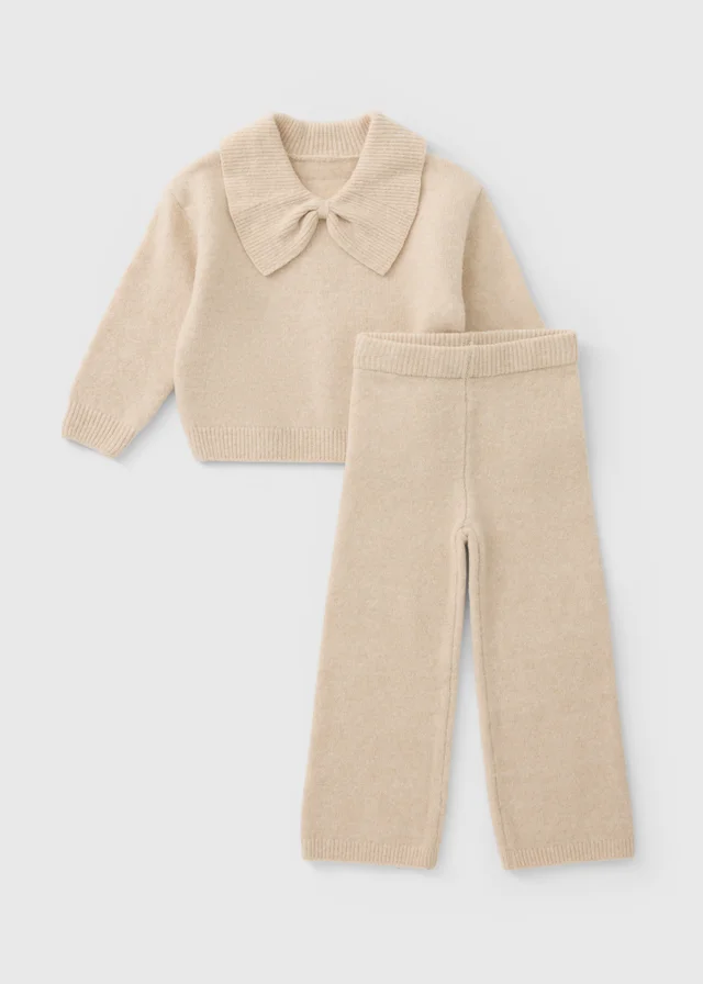 Girls Oatmeal Bow Collared Knitted Top & Trousers Set (1-8yrs)