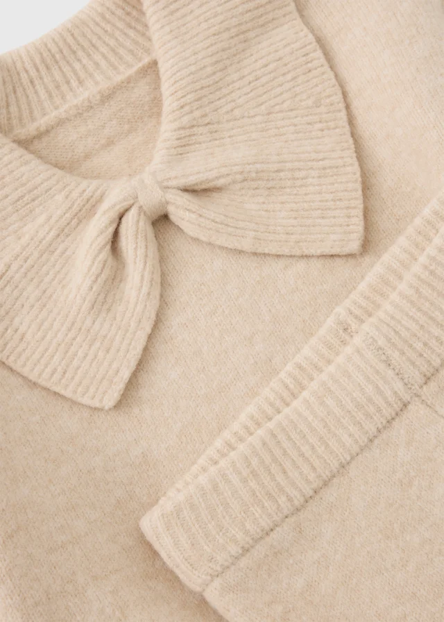 Girls Oatmeal Bow Collared Knitted Top & Trousers Set (1-8yrs)