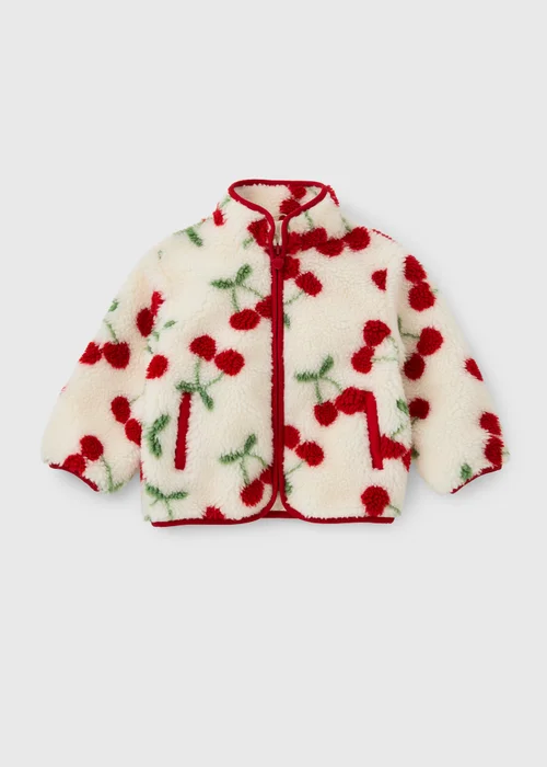 Girls Cream Cherry Pattern Borg Jacket (1-8yrs) - 1-1.5 Yrs Image 1