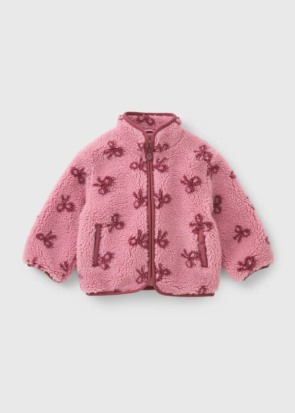 Girls Pink Bow Pattern Borg Jacket (1-8yrs) - 1-1.5 Yrs Image 1