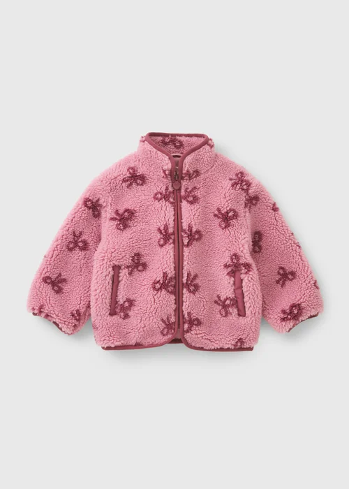Girls Pink Bow Pattern Borg Jacket (1-8yrs) - 1-1.5 Yrs Image 1