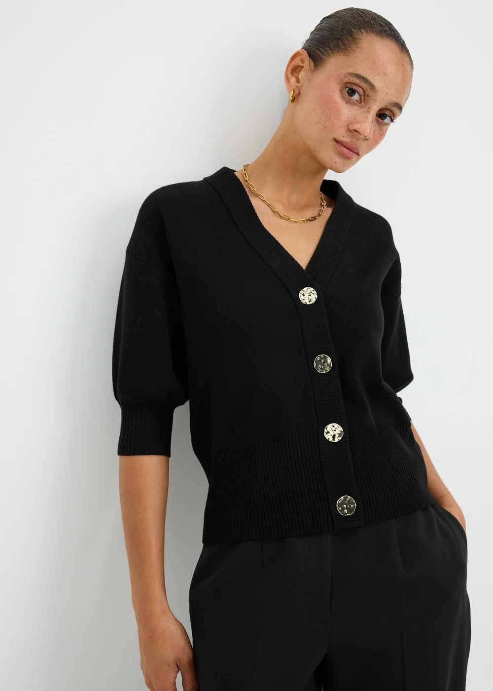 Black Button Short Sleeve Cardigan - 8 Image 1