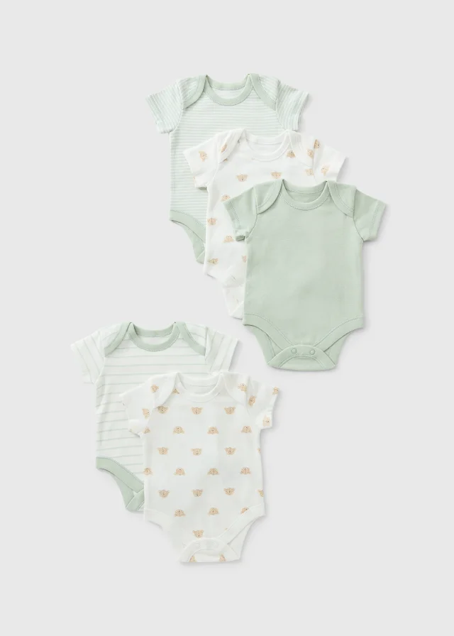 5 Pack Baby Green Stiped Bear Bodysuits (0-23mths)