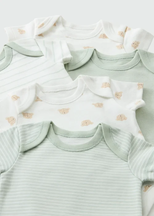 5 Pack Baby Green Stiped Bear Bodysuits (0-23mths) - First Size Image 2