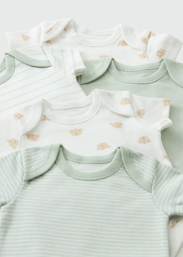 5 Pack Baby Green Stiped Bear Bodysuits (0-23mths)