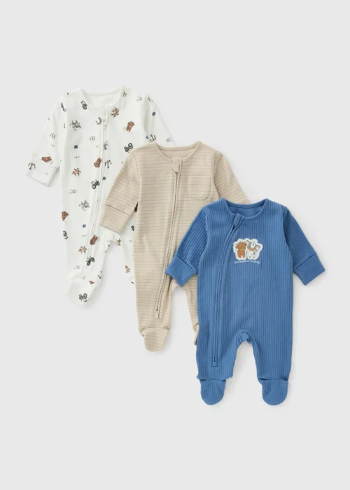 3 Pack Blue Farmer Layette Sleepsuits (0-23mths) - First Size Image 1