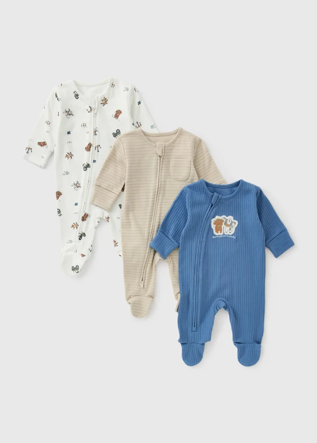 3 Pack Blue Farmer Layette Sleepsuits (0-23mths)
