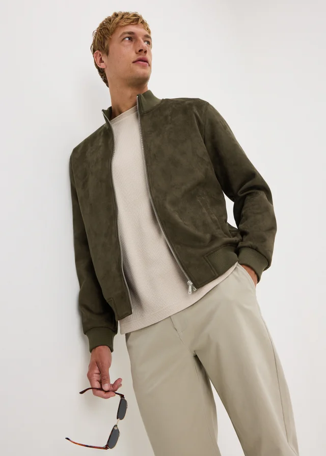 Olive Faux Suede Bomber Jacket
