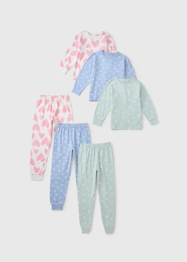 3 Pack Girls Multicolour Patterned Pyjama Sets (1-9yrs)