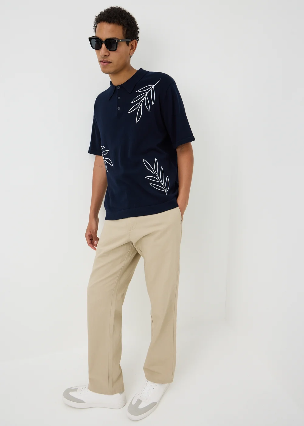 Navy Leaf Embroidered Knitted Polo Shirt - S Image 1