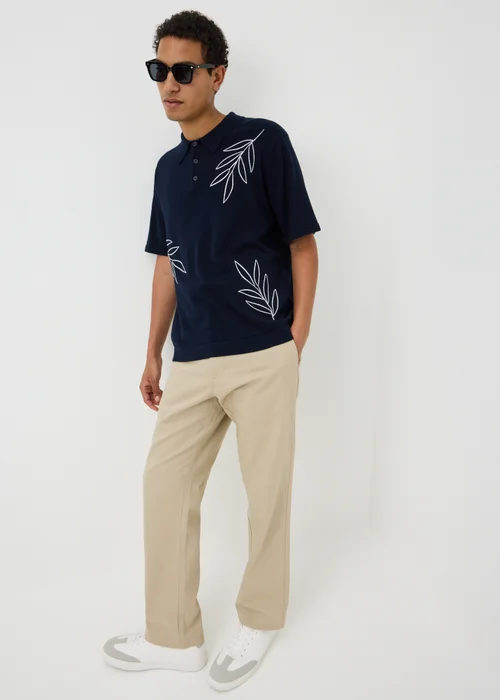 Navy Leaf Embroidered Knitted Polo Shirt - S Image 1