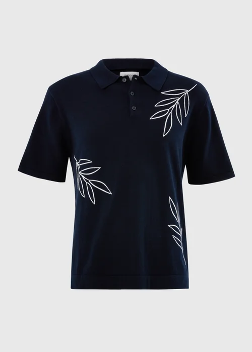 Navy Leaf Embroidered Knitted Polo Shirt - S Image 3