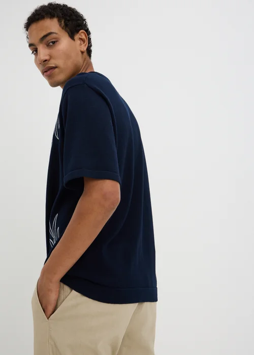 Navy Leaf Embroidered Knitted Polo Shirt - S Image 2