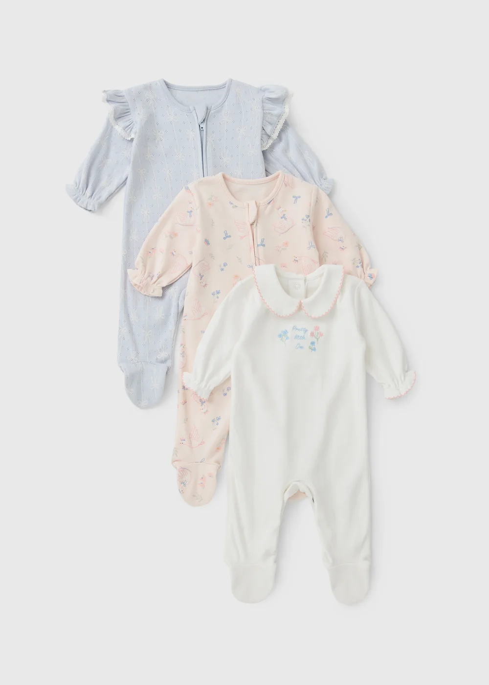 3 Pack Baby Multicolour Floral Swan Sleepsuits (0-18mths) - Up to 1 Month Image 1