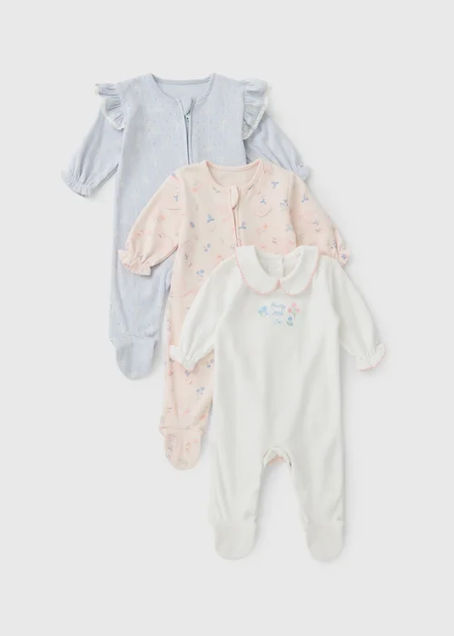 3 Pack Baby Multicolour Floral Swan Sleepsuits (0-18mths) - Up to 1 Month Image 1