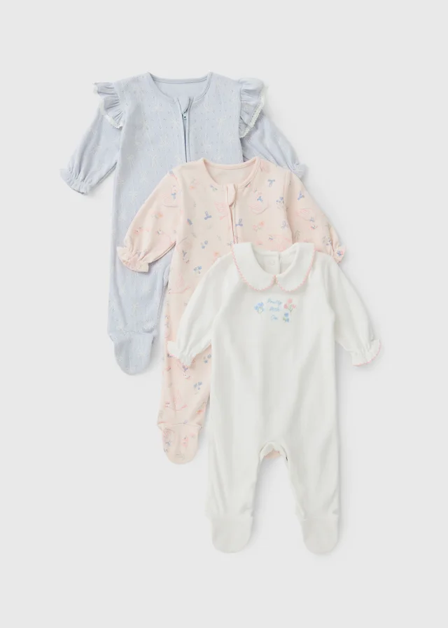 3 Pack Baby Multicolour Floral Swan Sleepsuits (0-18mths)