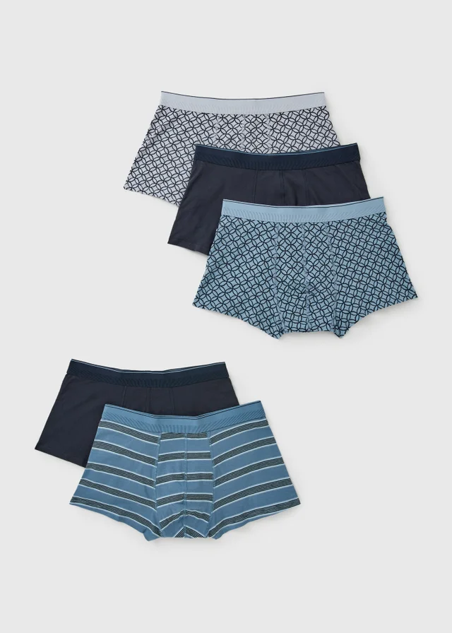 5 Pack Blue Printed Hipster Boxers