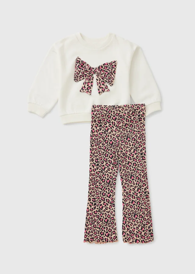Girls Cream Leopard Print Bow Sweatshirt & Flares Set (1-8yrs)