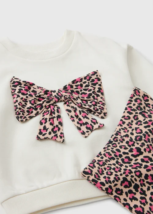 Girls Cream Leopard Print Bow Sweatshirt & Flares Set (1-8yrs) - 1-1.5 Yrs Image 2