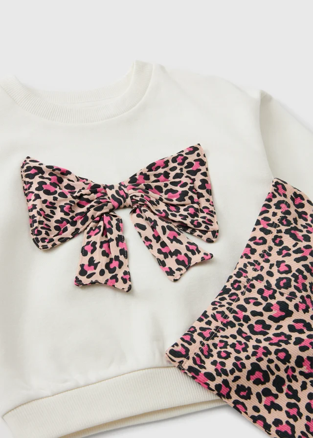 Girls Cream Leopard Print Bow Sweatshirt & Flares Set (1-8yrs)