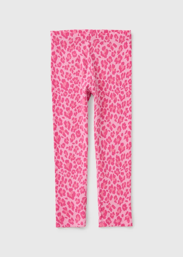 Girls Pink Leopard Print Ribbed Leggings (1-8yrs)