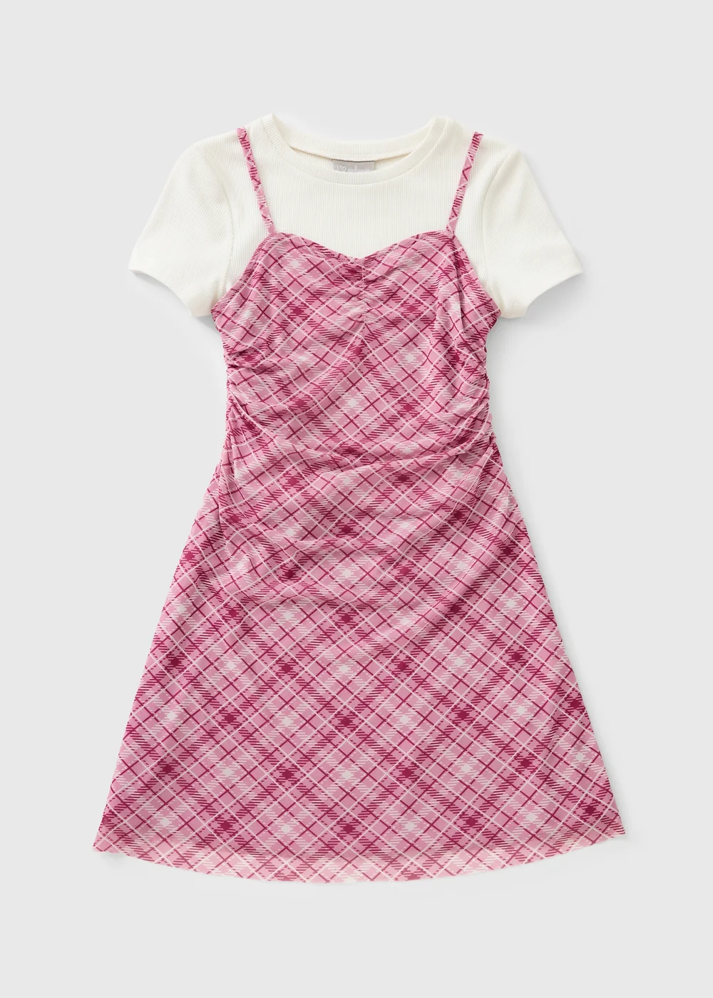 Girls Pink Check Mesh 2 in 1 Dress (7-15yrs) - 7 Yrs Image 1