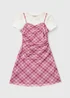Girls Pink Check Mesh 2 in 1 Dress (7-15yrs) - 7 Yrs Image 1