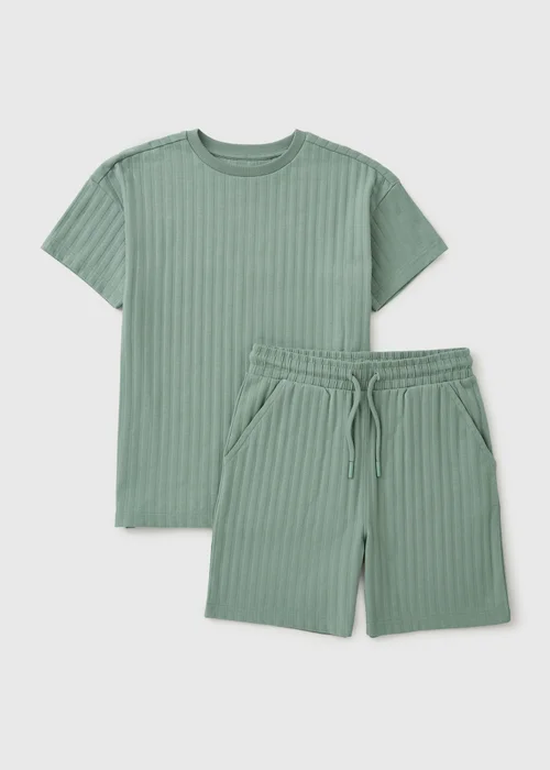 Boys Sage Green Textured T-Shirt & Shorts Set (7-15yrs) - 14 Yrs Image 1