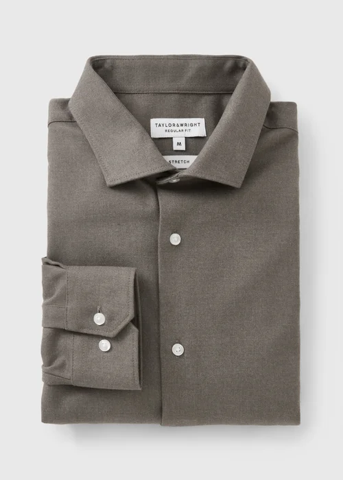 Taylor & Wright Brown Brushed Twill Regular Fit Shirt - S Image 1