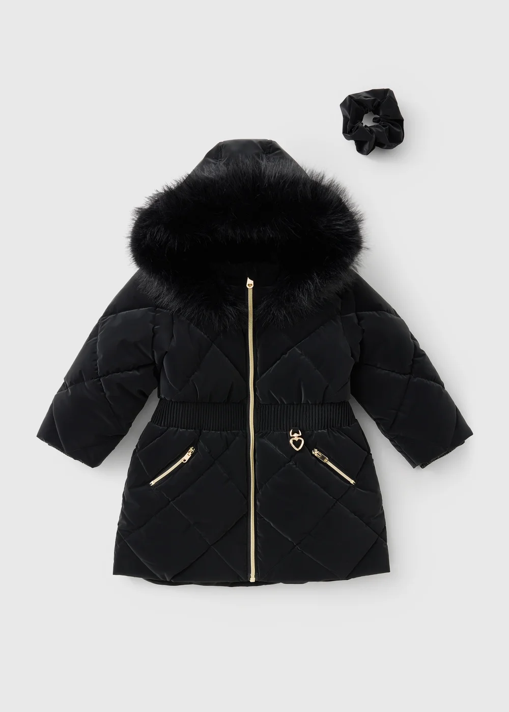 Girls Black Padded Faux Fur Hood Coat & Scrunchie (1-7yrs) - 1-1.5 Yrs Image 1