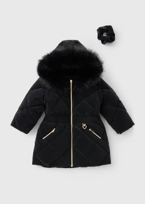 Girls Black Padded Faux Fur Hood Coat & Scrunchie (1-7yrs) - 1-1.5 Yrs Image 1