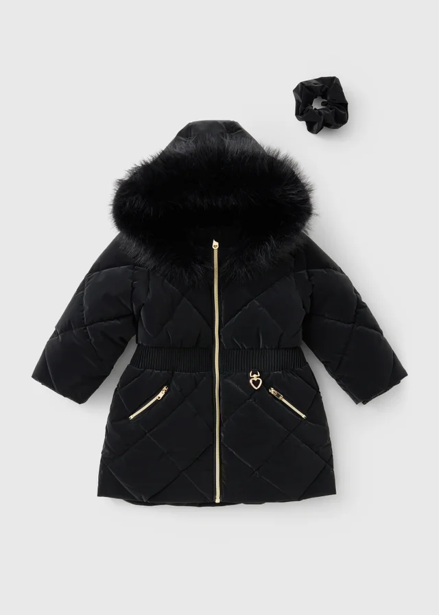 Girls Black Padded Faux Fur Hood Coat & Scrunchie (1-7yrs)