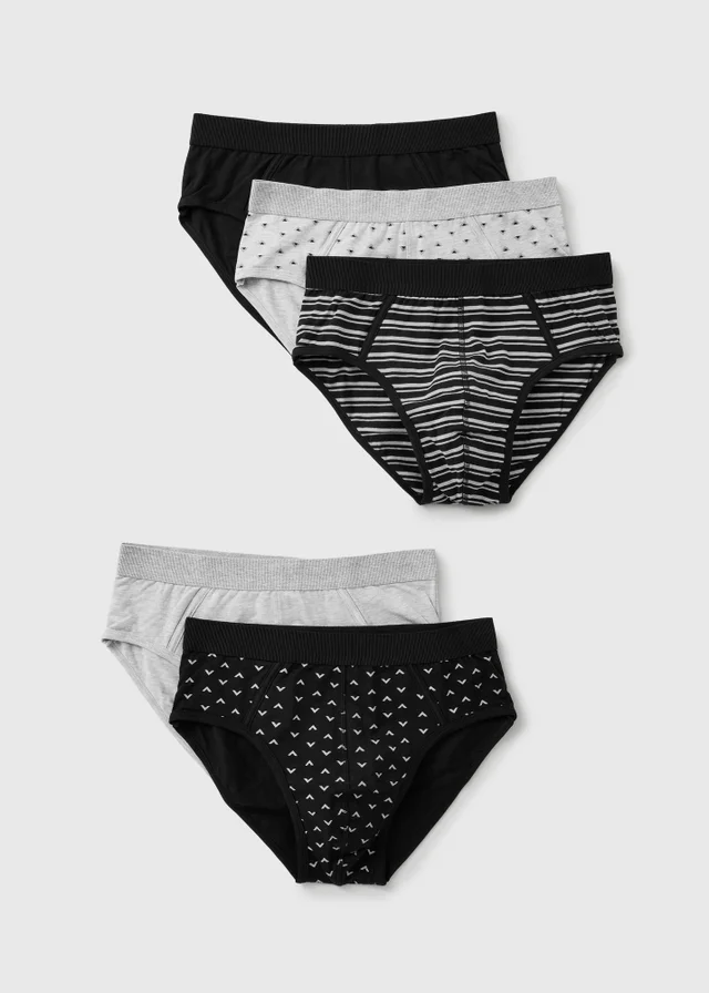 5 Pack Black Geometric Print Briefs