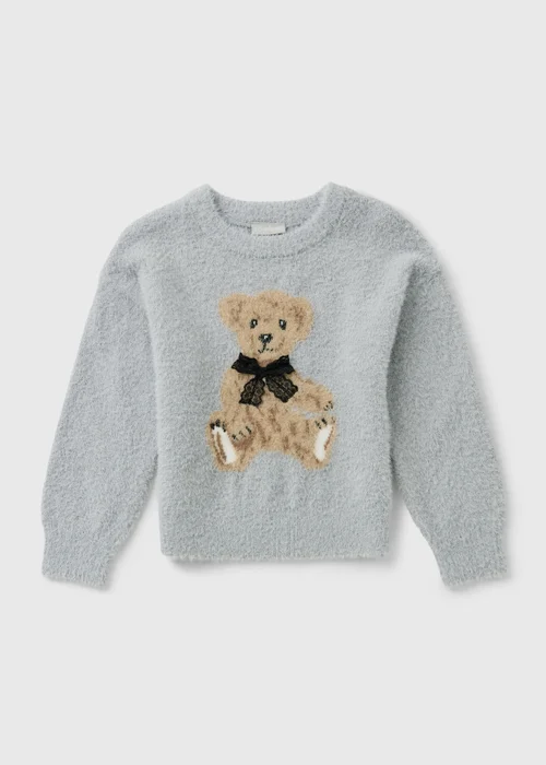 Girls Grey Bear Print Knitted Jumper (7-15yrs) - 7 Yrs Image 1