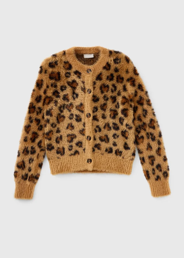 Girls Brown Leopard Fluffy Cardigan (7-15yrs)