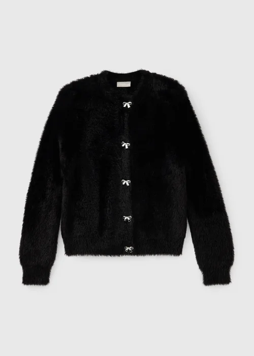 Girls Black Fluffy Bow Button Cardigan (7-15yrs) - 7 Yrs Image 1