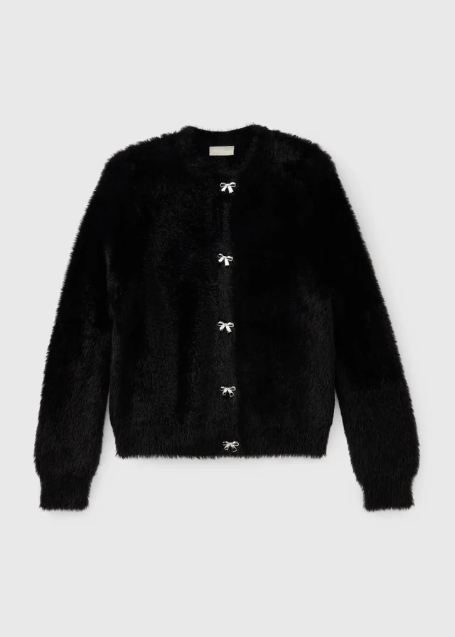 Girls Black Fluffy Bow Button Cardigan (7-15yrs)