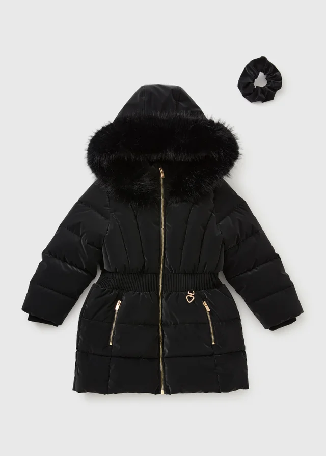Girls Black Padded School Coat & Scrunchie Set (7-15yrs)