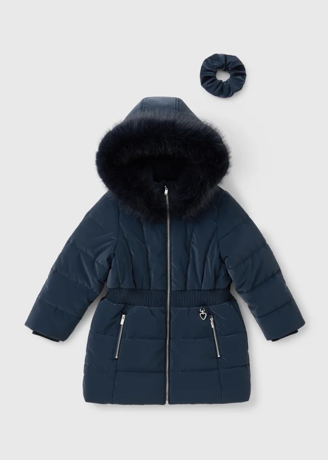 Girls Navy Padded School Coat & Scrunchie Set (7-15yrs)