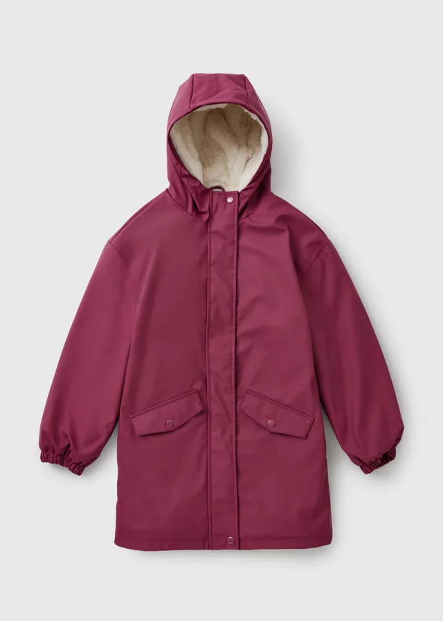 Girls Burgundy Fur Lined Rain Mac (7-15 Yrs)